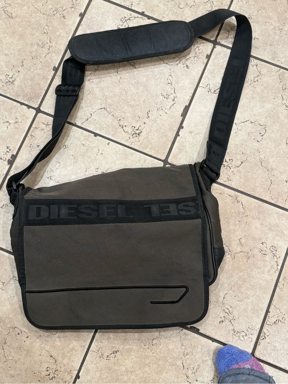Diesel Olive Green and Black Canvas Messenger Bag